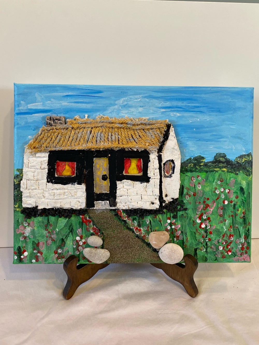 Hand Painted Mixed Media Original Artwork Old Irish Cottage Thatched Roof